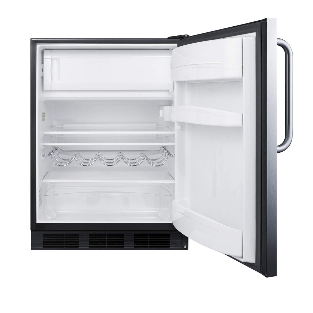 ADA compliant built-in undercounter refrigerator-freezer for residential use, cycle defrost w/deluxe interior, stainless steel exterior, and towel bar handle